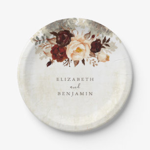 Burgundy Rustic Floral Wedding Paper Plate