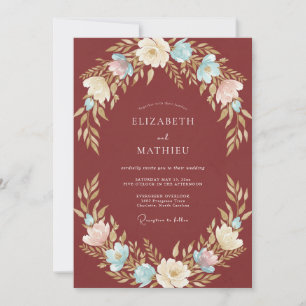 Burgundy Rustic Floral Wreath Wedding Invitation