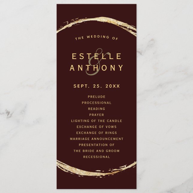 Burgundy Rustic Gold Circle Ampersand Wedding  Program (Front)