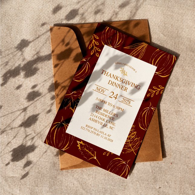 Burgundy Rustic Gold Pattern Thanksgiving Dinner Invitation (Creator Uploaded)