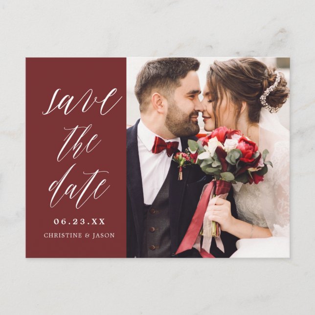 Burgundy Rustic Script Couple Photo Save the Dates Announcement Postcard (Front)