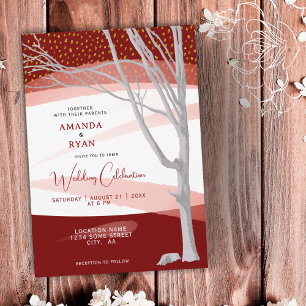 Burgundy Rustic Winter Tree Watercolor Wedding Invitation