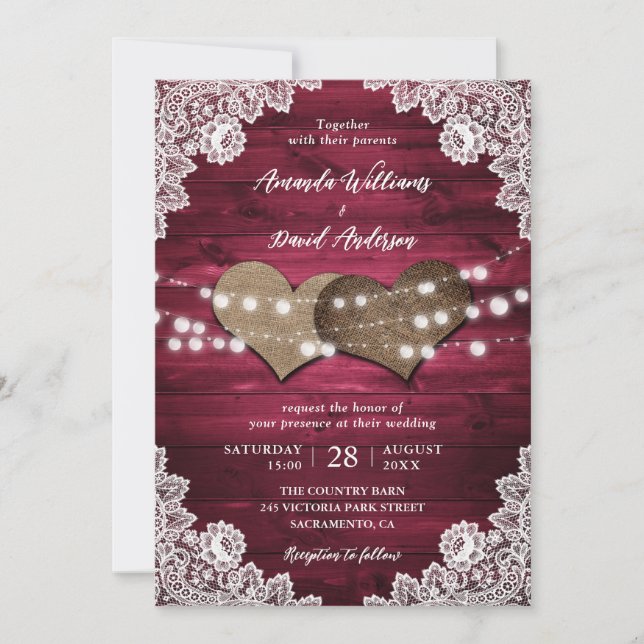 Burgundy Rustic Wood Burlap Lace Lights Wedding Invitation (Front)