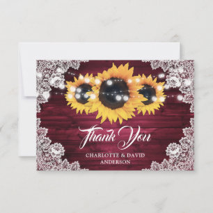 Burgundy Rustic Wood Floral Lace Sunflower Wedding Thank You Card