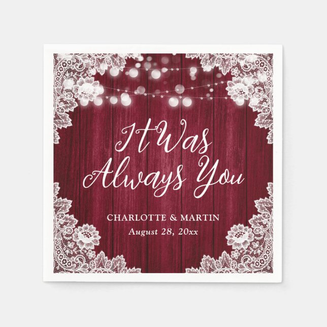 Burgundy Rustic Wood Floral Lace Wedding Napkin (Front)