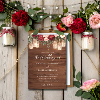 Burgundy Rustic Wood Floral Lights Wedding Invitation
