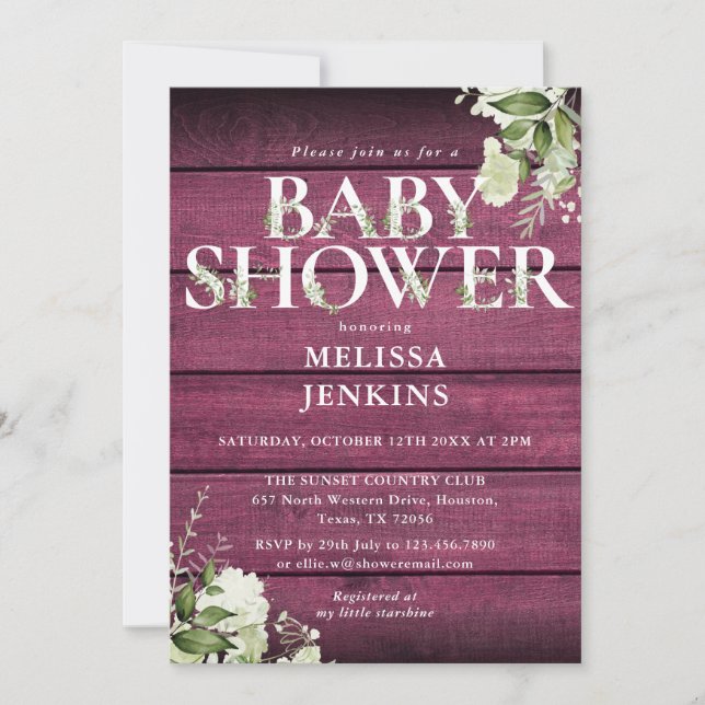 Burgundy Rustic Wood Greenery Floral Baby Shower Invitation (Front)