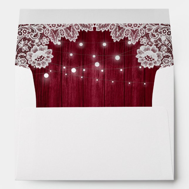 Burgundy Rustic Wood Lace String Lights Wedding Envelope (Back (Bottom))