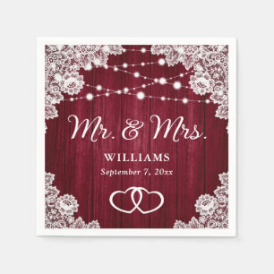 Burgundy Rustic Wood Lace String Lights Wedding Napkin