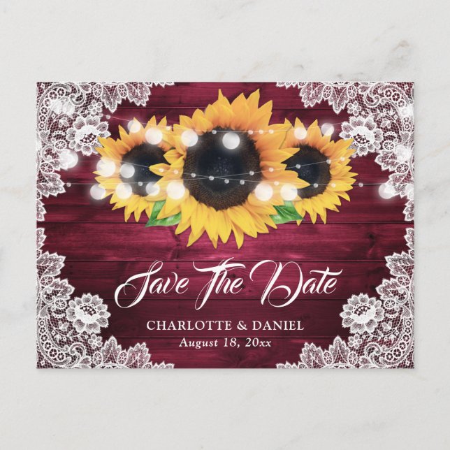 Burgundy Rustic Wood Lace Sunflower Save The Date Announcement Postcard (Front)