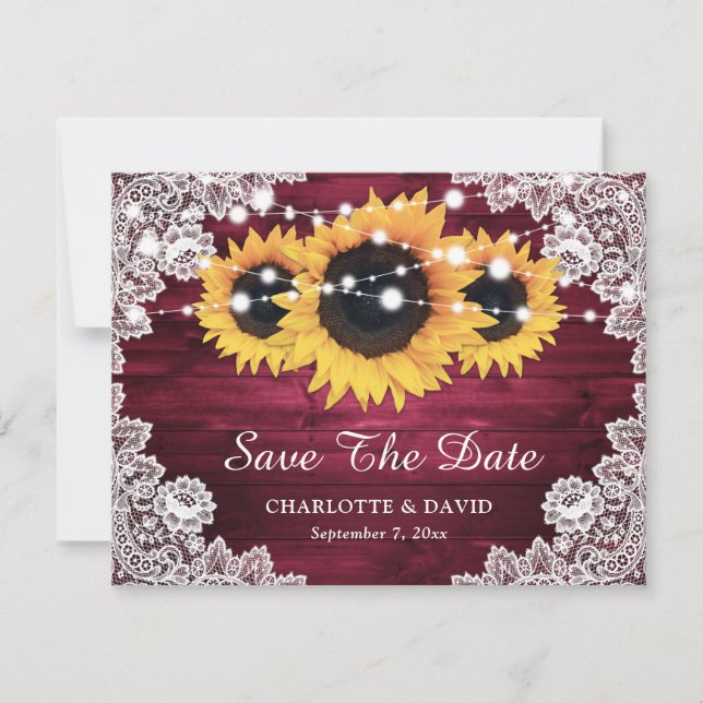 Burgundy Rustic Wood Lace Sunflower Wedding Announcement (Front)