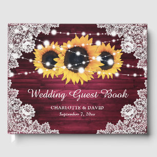 Burgundy Rustic Wood Lace Sunflower Wedding Guest Book