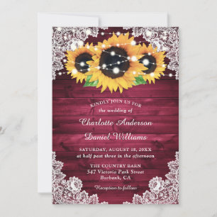 Burgundy Rustic Wood Lace Sunflower Wedding Invitation