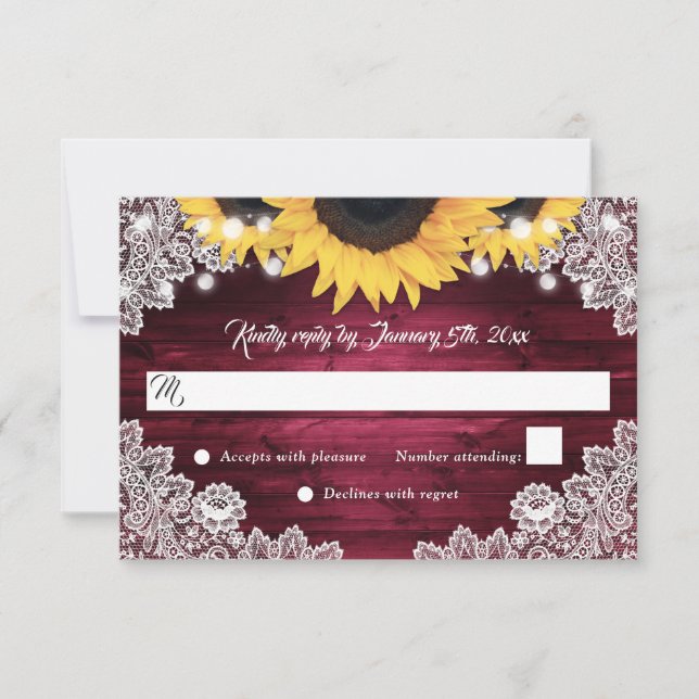 Burgundy Rustic Wood Lace Sunflower Wedding RSVP Card (Front)