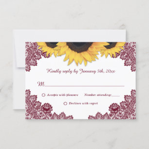 Burgundy Rustic Wood Lace Sunflower Wedding RSVP Card