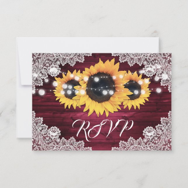 Burgundy Rustic Wood Lace Sunflower Wedding RSVP Card (Front)