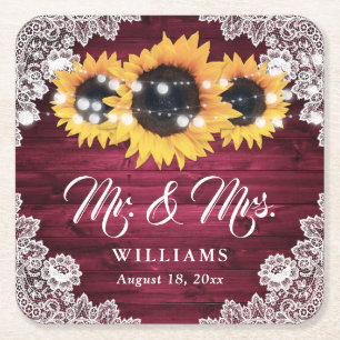 Burgundy Rustic Wood Lace Sunflower Wedding Square Paper Coaster