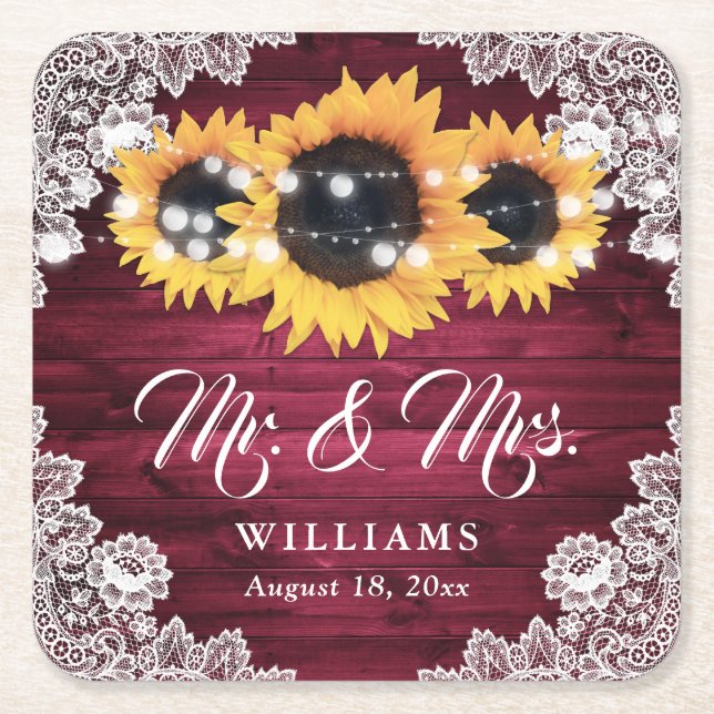 Burgundy Rustic Wood Lace Sunflower Wedding Square Paper Coaster (Front)