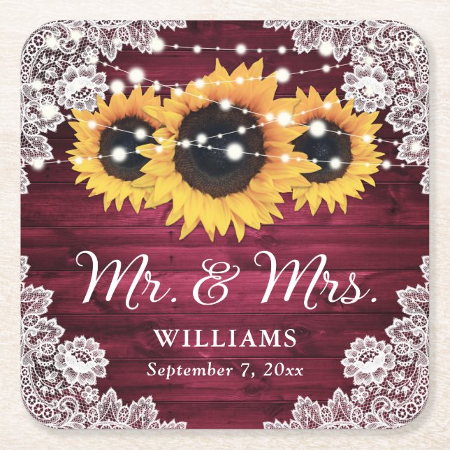 Burgundy Rustic Wood Lace Sunflower Wedding Square Paper Coaster (Front)