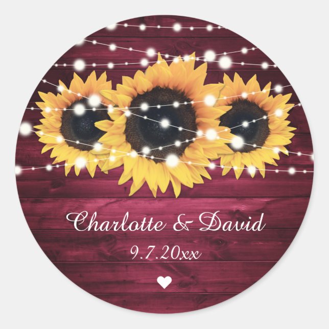 Burgundy Rustic Wood Lights Sunflower Wedding Classic Round Sticker (Front)
