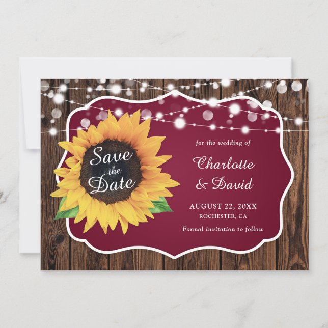 Burgundy Rustic Wood Lights Sunflower Wedding Save The Date (Front)