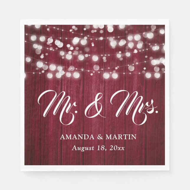 Burgundy Rustic Wood String Lights Mr and Mrs Napkin (Front)