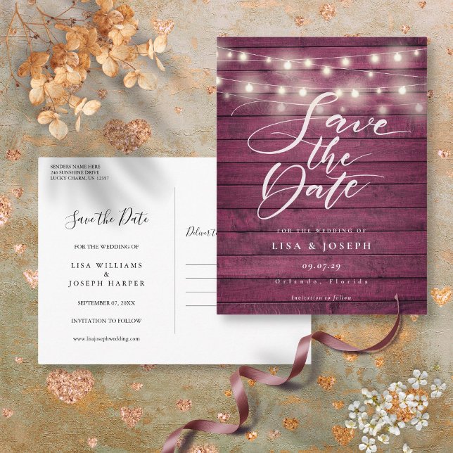 Burgundy Rustic Wood String Lights Save the Date Postcard (Burgundy Rustic Wood String Lights Save the Date Postcard)
