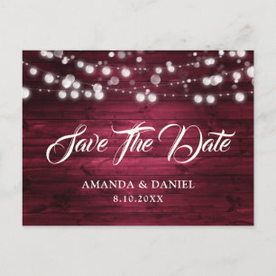 Burgundy Rustic Wood String Lights Wedding Announcement Postcard