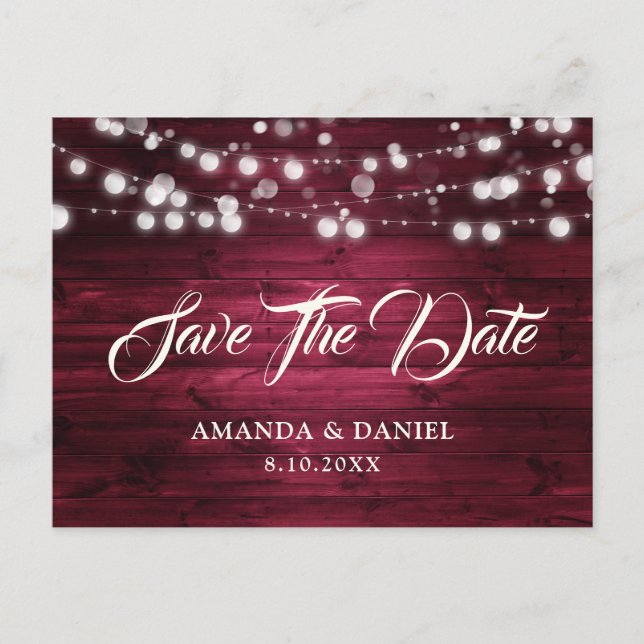 Burgundy Rustic Wood String Lights Wedding Announcement Postcard (Front)