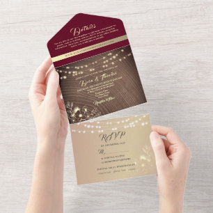 Burgundy Rustic Wood Wedding All In One Invitation