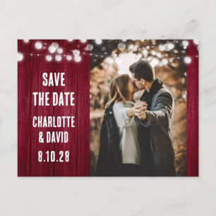 Burgundy Rustic Wood Wedding Photo Save The Date Announcement Postcard