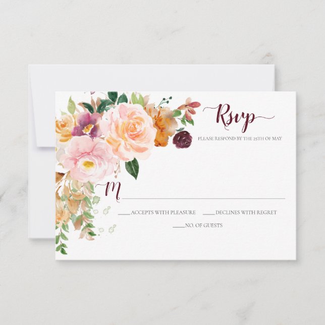 Burgundy Saffron Blush Mauve Corner Bouquet RSVP Card (Front)