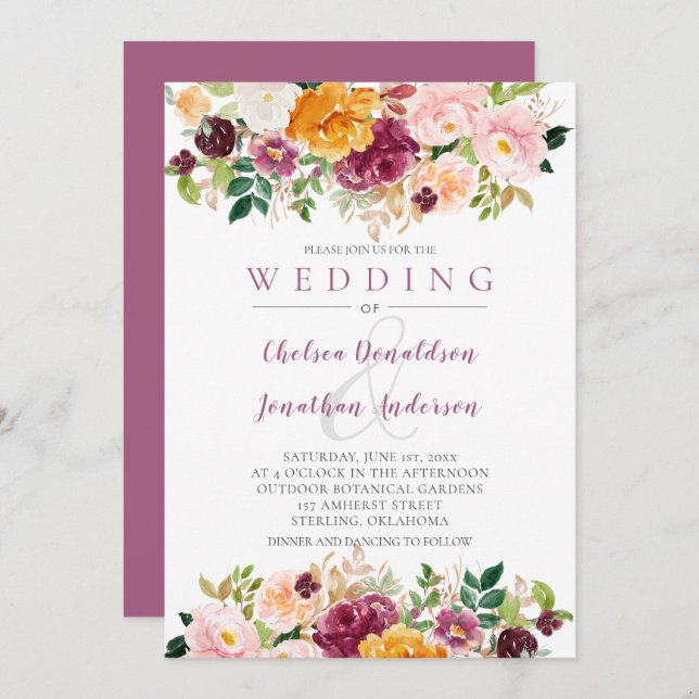 Burgundy, Saffron, Mauve Watercolor Blooms Wedding Invitation (Front/Back)