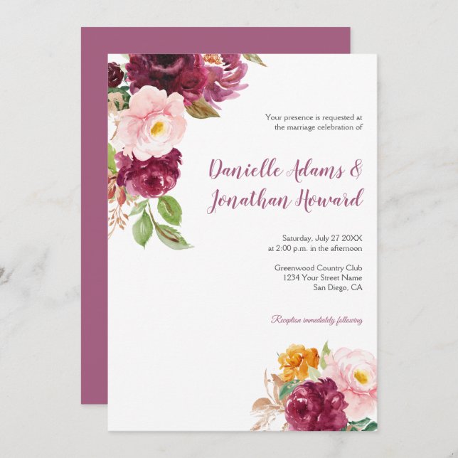 Burgundy Saffron Yellow Mauve Rustic Wedding | Invitation (Front/Back)