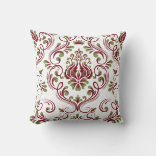 Burgundy Sage Green Damask Floral Pattern Elegant  Cushion