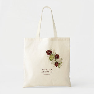 Burgundy & Sage Green Floral Wedding Favour Tote Bag