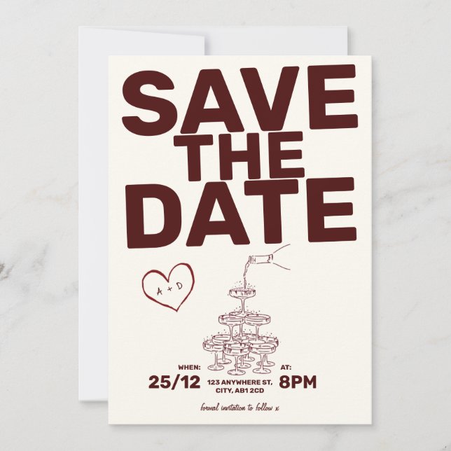 Burgundy Save The Date Illustration Invitation (Front)