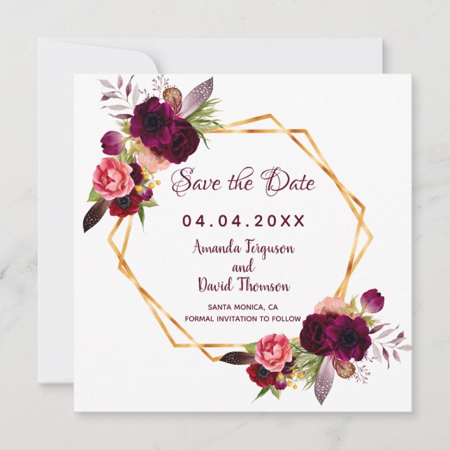 Burgundy Save the date wedding geometric florals (Front)