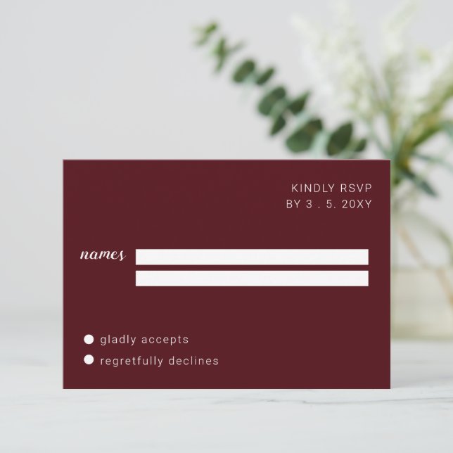 Burgundy Script Calligraphy Wedding RSVP Card (Standing Front)