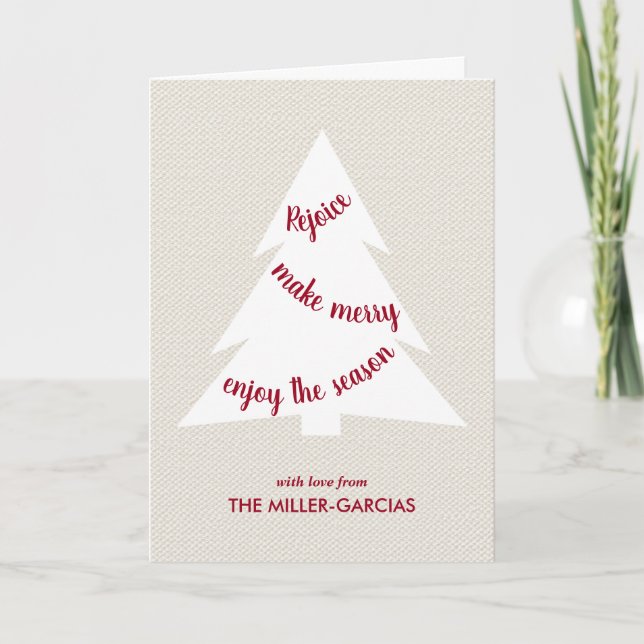 Burgundy Script Christmas Tree Beige Canvas Photo Holiday Card (Front)