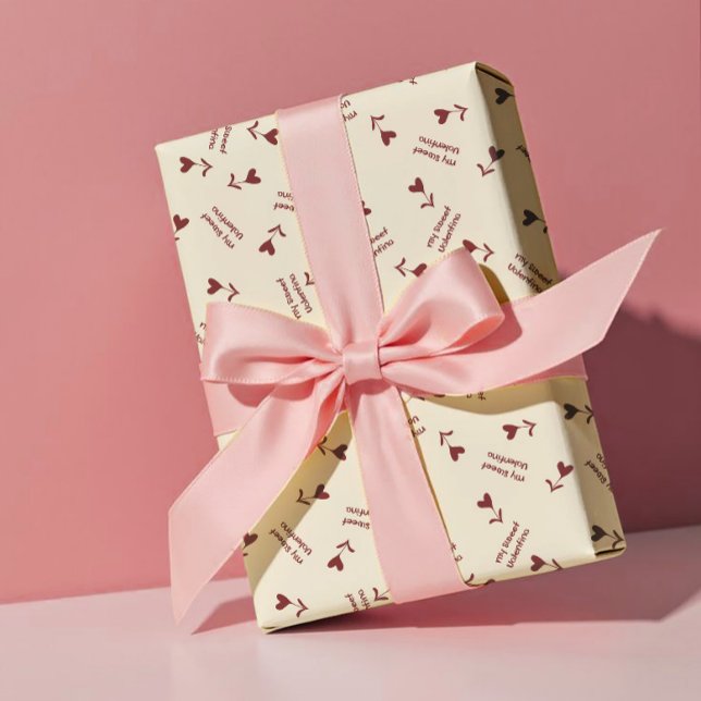 Burgundy Script Hearts on Cream– Valentine Pattern Wrapping Paper (Creator Uploaded)