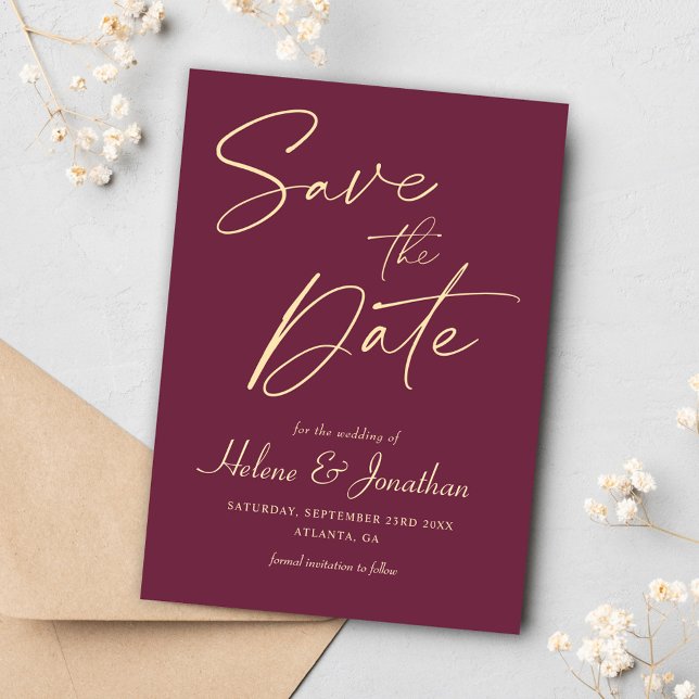 Burgundy Script Modern Elegant Minimalist Wedding Save The Date (Burgundy Script Modern Elegant Minimalist Wedding Save The Date)
