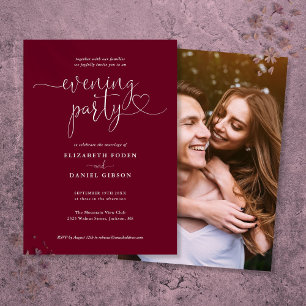 Burgundy Script Photo Wedding Evening Party Invitation