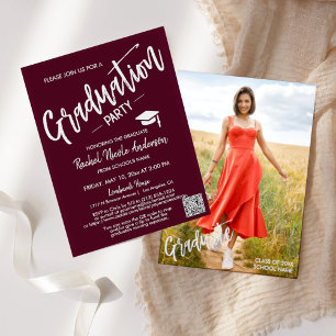 Burgundy Script QR Code Photo Graduation Party Invitation