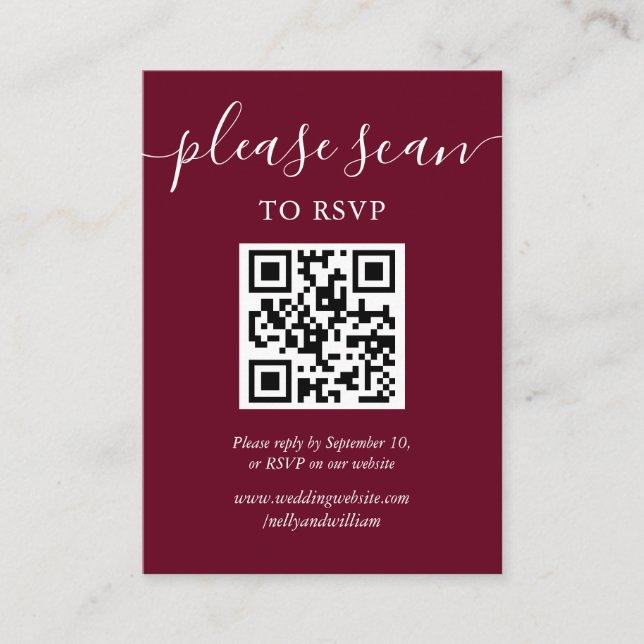 Burgundy Script RSVP QR Code Enclosure Card (Front)