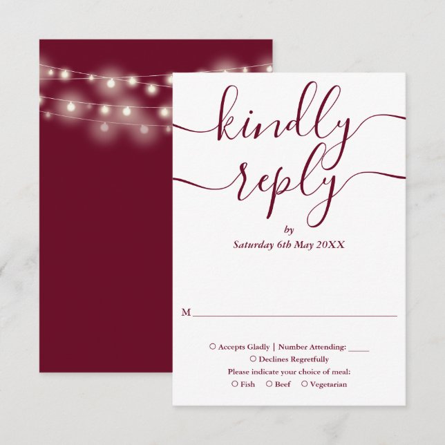 Burgundy Script String Lights Wedding RSVP Card (Front/Back)