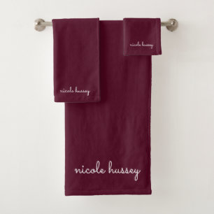 Burgundy Script    Stylish Monogram Modern Bath Towel Set