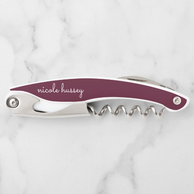 Burgundy Script  | Stylish Monogram Modern Corkscrew (Front)