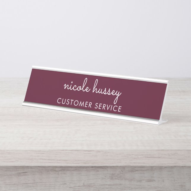 Burgundy Script  | Stylish Monogram Modern Desk Name Plate (Front)