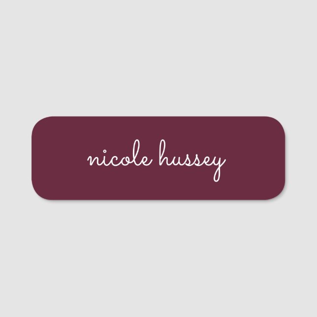 Burgundy Script  | Stylish Monogram Modern Name Tag (Front)